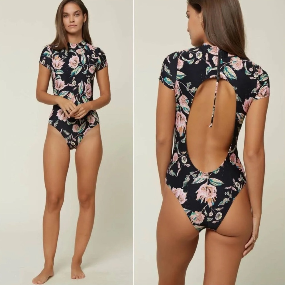 O'Neill Black Floral Short-Sleeve One-Piece Swimsuit